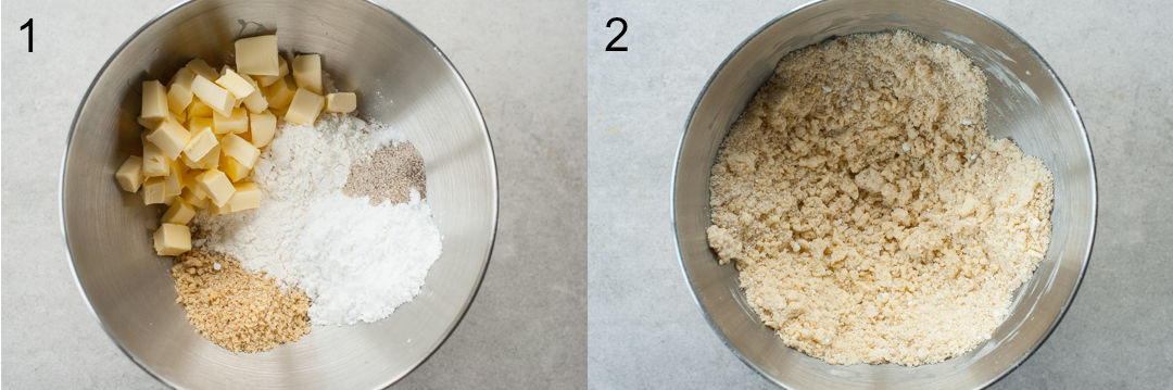 Cookie ingredients in a metal bowl. Pastry crumble in a bowl.