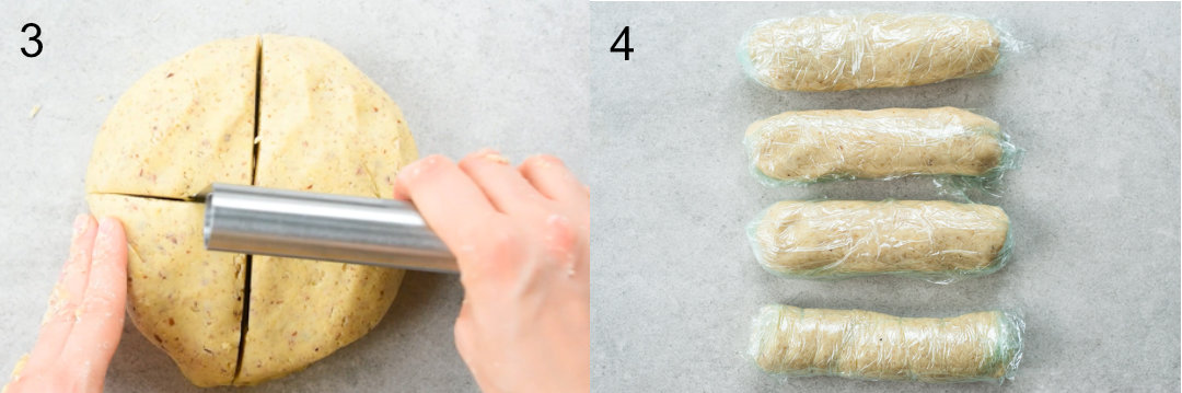 Round block of dough is being cut into 4 pieces. 4 logs of dough wrapped in plastic foil.