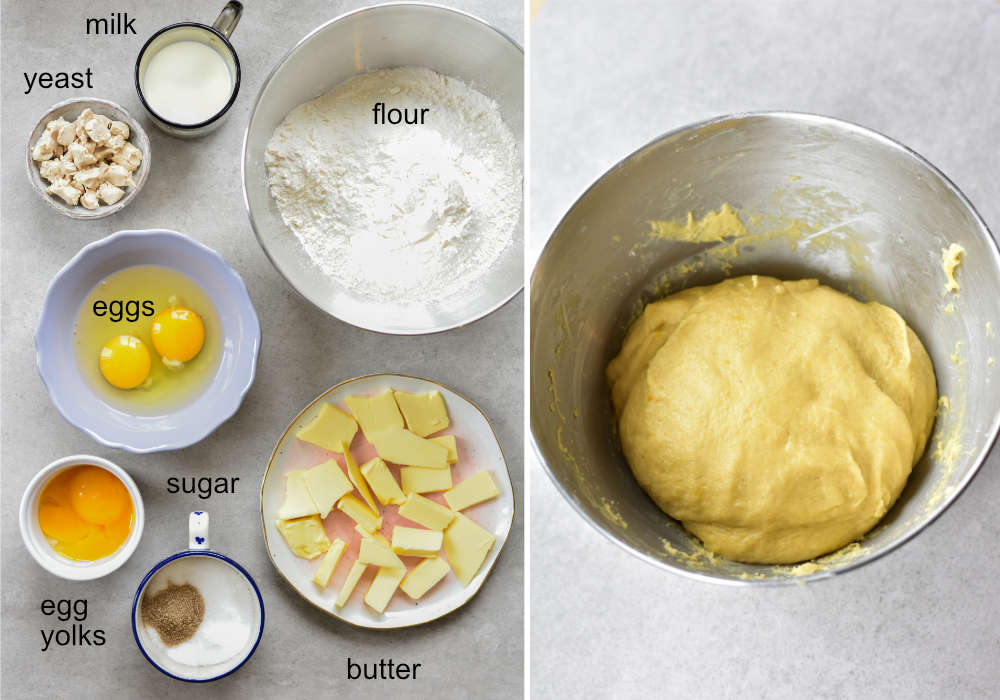 ingredients for yeast dough, yeast dough in a metal bowl