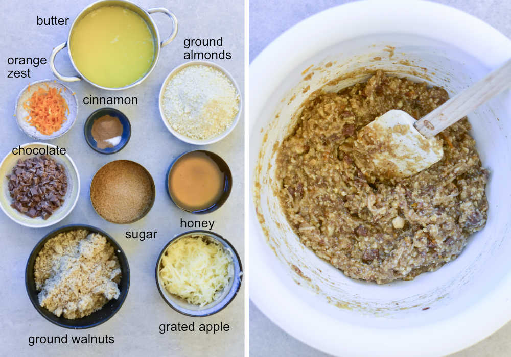 ingredients for nut and chocolate filling, nut and chocolate filling in a white bowl