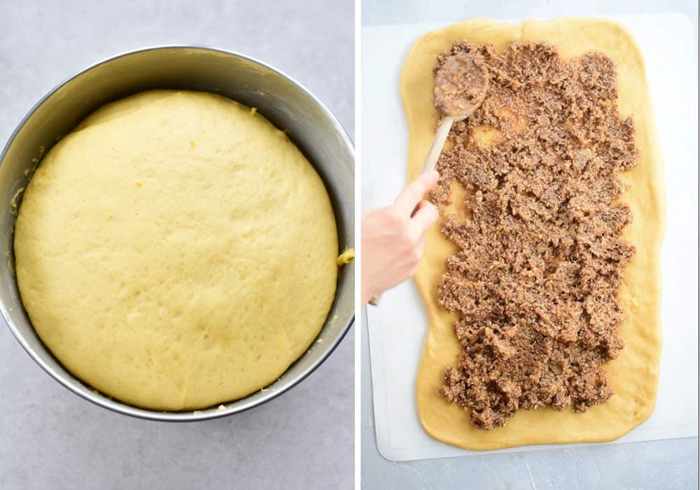 proofed yeast dough in a metal bowl, nut and chocolate filling spread on a dough