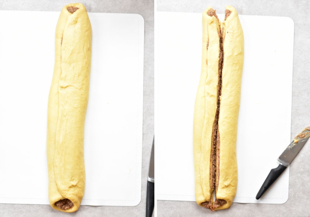 yeast dough roll with nut filling cut in half lengthwise