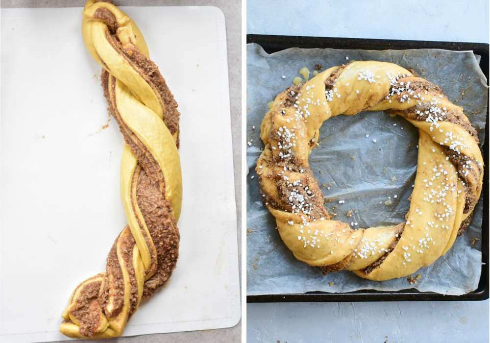 making of a wreath out of dough, nut wreath on a baking sheet