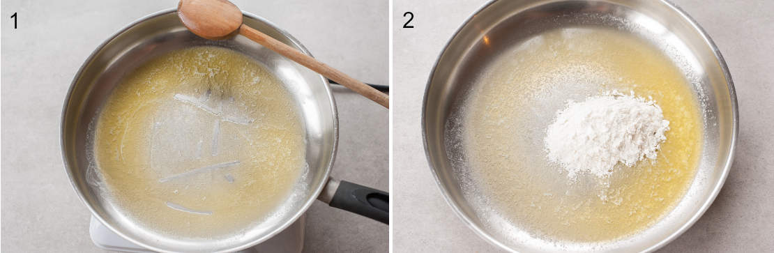 Melted butter in a pan. Melted butter and flour in a pan