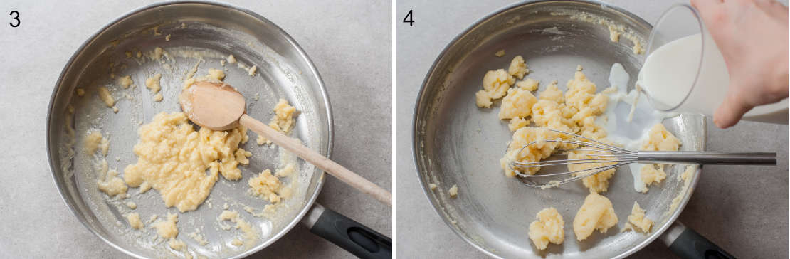 Roux and a wooden spoon in a pan, milk is being added to roux.