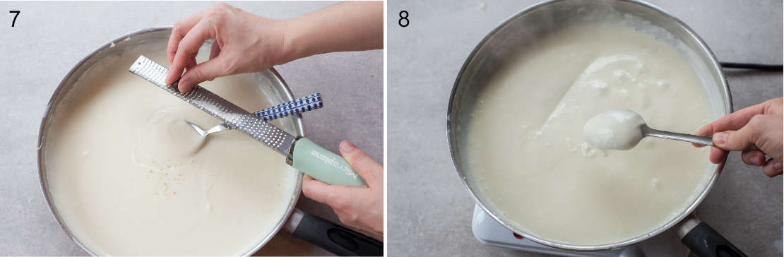 Bechamel sauce is being seasoned with nutmeg, sauce coats the back of a spoon.