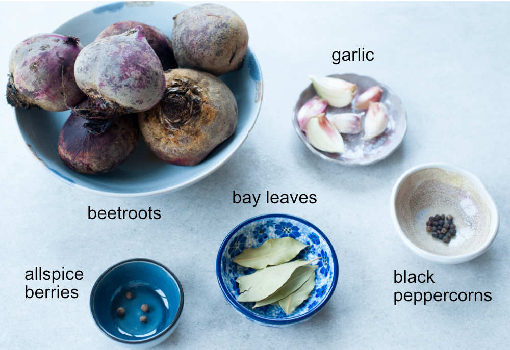 Labeled ingredients for beet kvass.