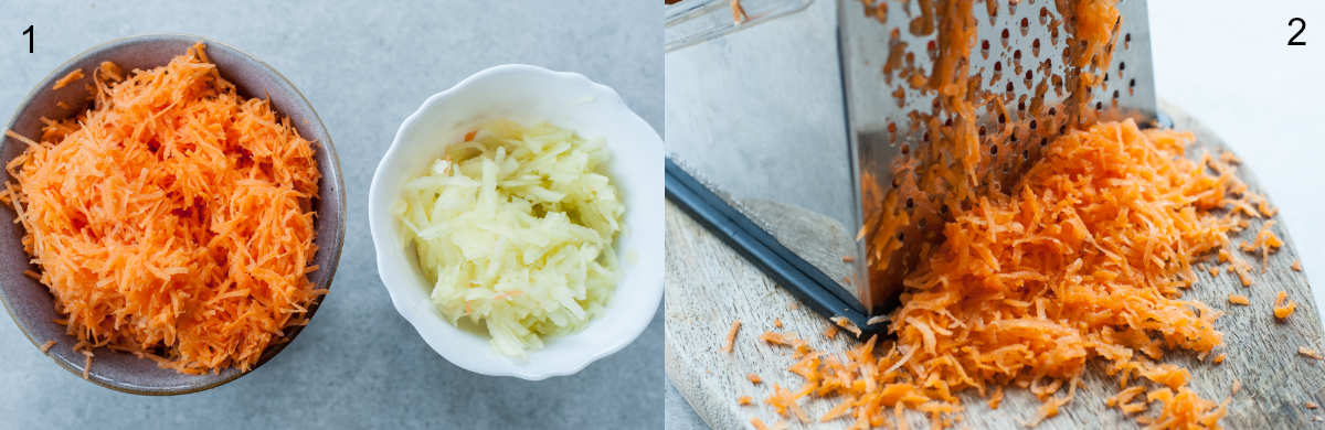 shredded carrot and apple, carrot is being shredded on a box grater