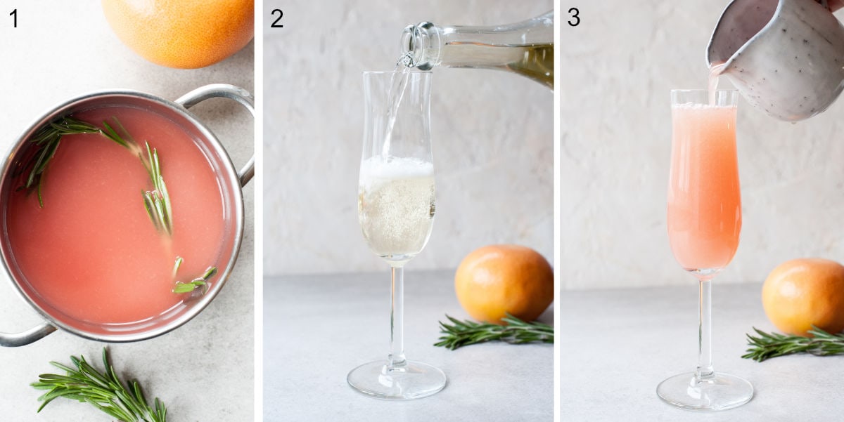 A collage of three photos showing mimosa drink preparation steps.