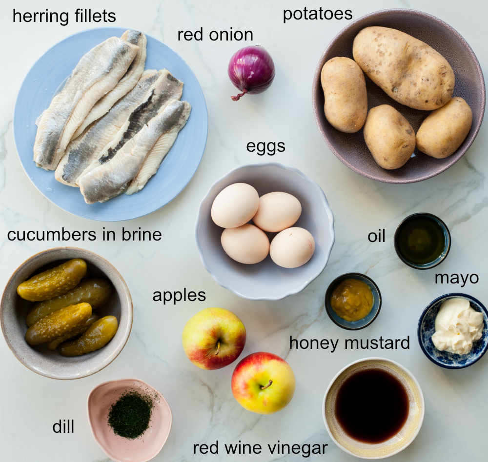 Labeled ingredients for herring salad.