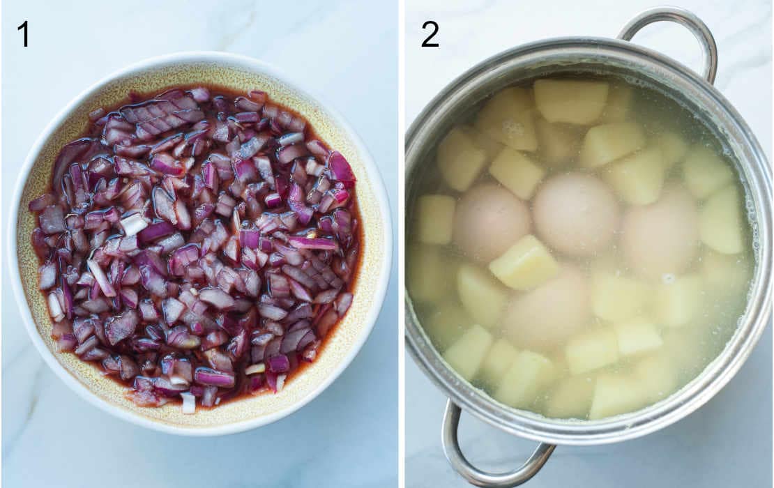 Red onion marinated in vinegar in a bowl, potatoes and eggs in a pot.