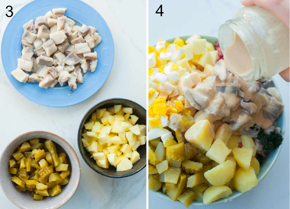 Chopped salad ingredients. Dressing is being poured over a salad.