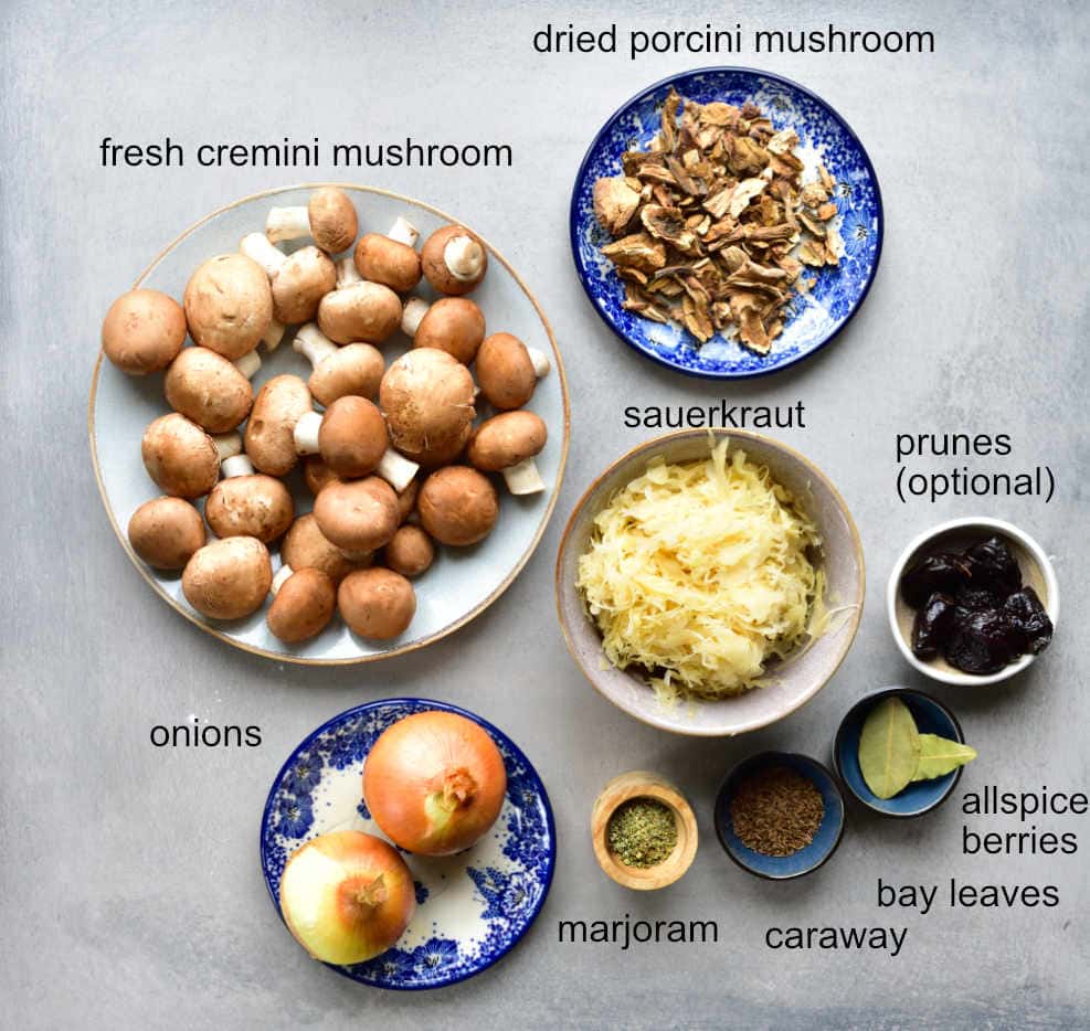 Labeled ingredients for sauerkraut and mushroom pierogi.