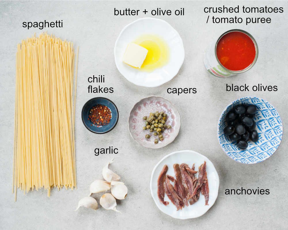 Labeled ingredients for spaghetti alla Puttanesca.