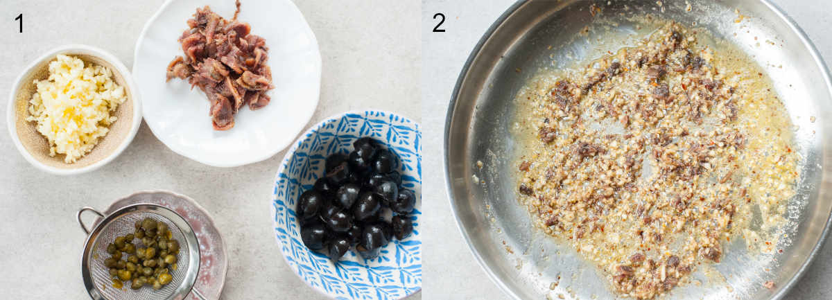 chopped ingredients, anchovies garlic and chili in a frying pan