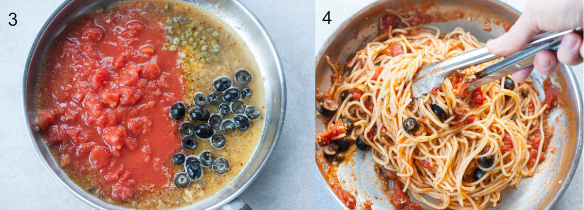 puttanesca sauce ingredients in a pan, sauce is being tossed with pasta