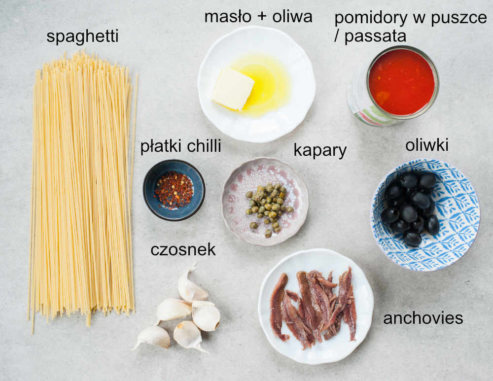 składniki na Spaghetti alla Puttanesca 