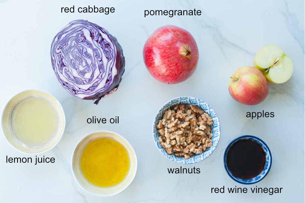 Labeled ingredients for red cabbage apple slaw.