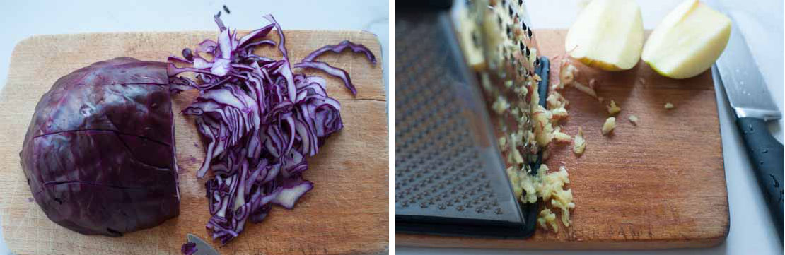 Red cabbage apple slaw preparation steps.