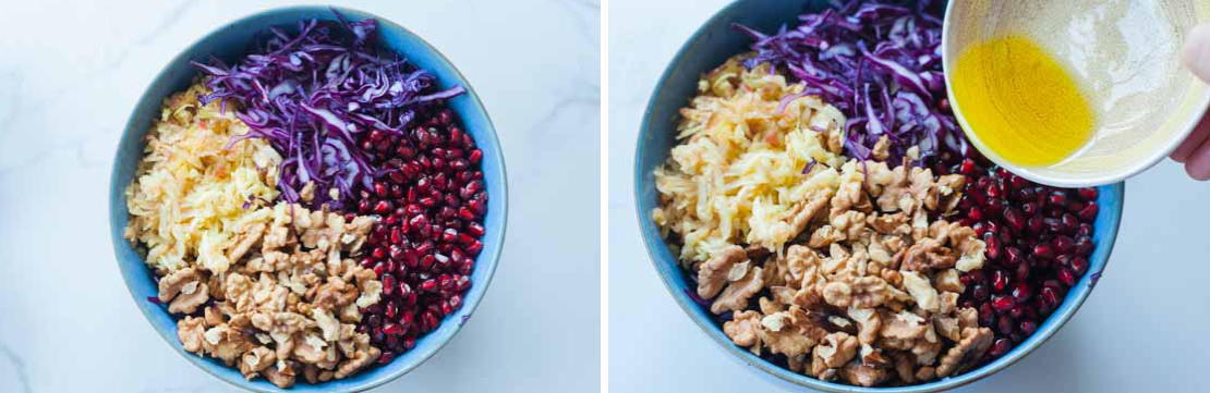 Red cabbage apple slaw preparation steps.