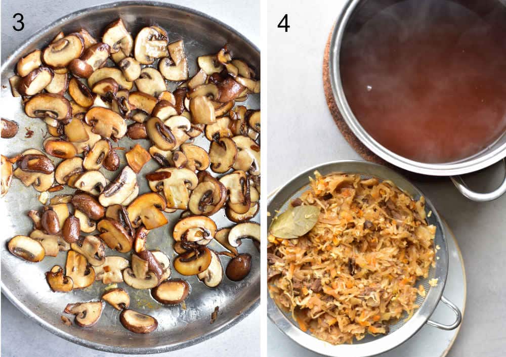 Browned mushrooms in a pan. Drained sauerkraut and mushrooms on a sieve.