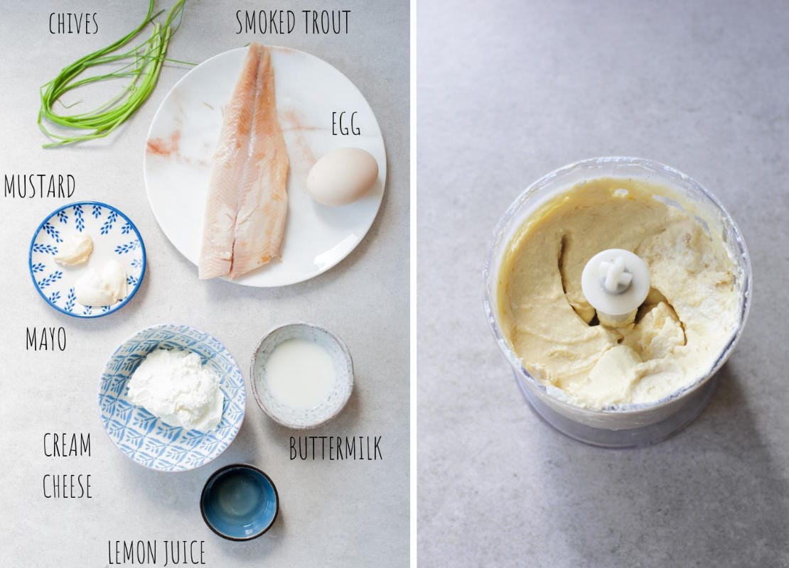 smoked trout spread ingredients on a table and mixed spread in a food processor bowl