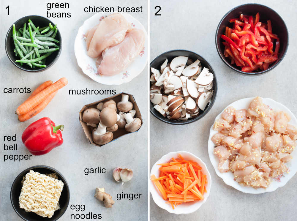 ingredients for sweet and sour chicken with noodles and vegetables