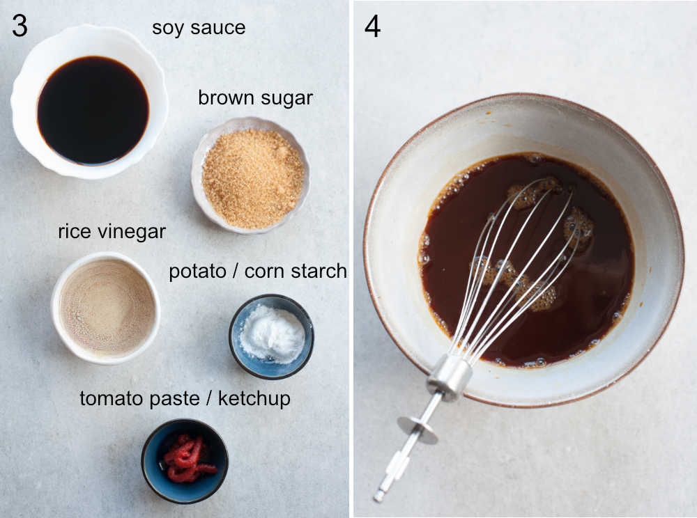 ingredients for sweet and sour sauce, sweet and sour sauce in a grey bowl