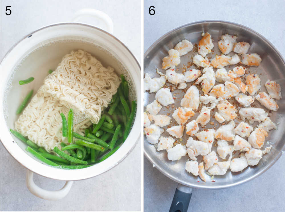 mie noodles and green beans in a pot, cooked chicken in a pan