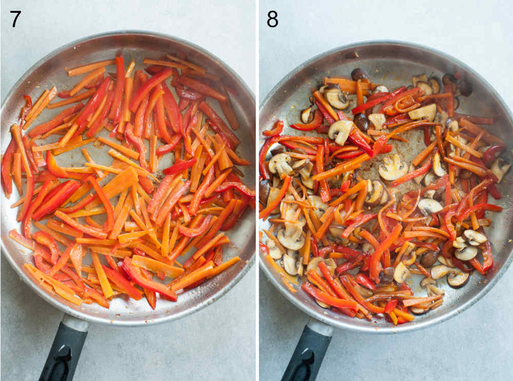 cooked carrots, bell peppers and cremini mushrooms in a pan