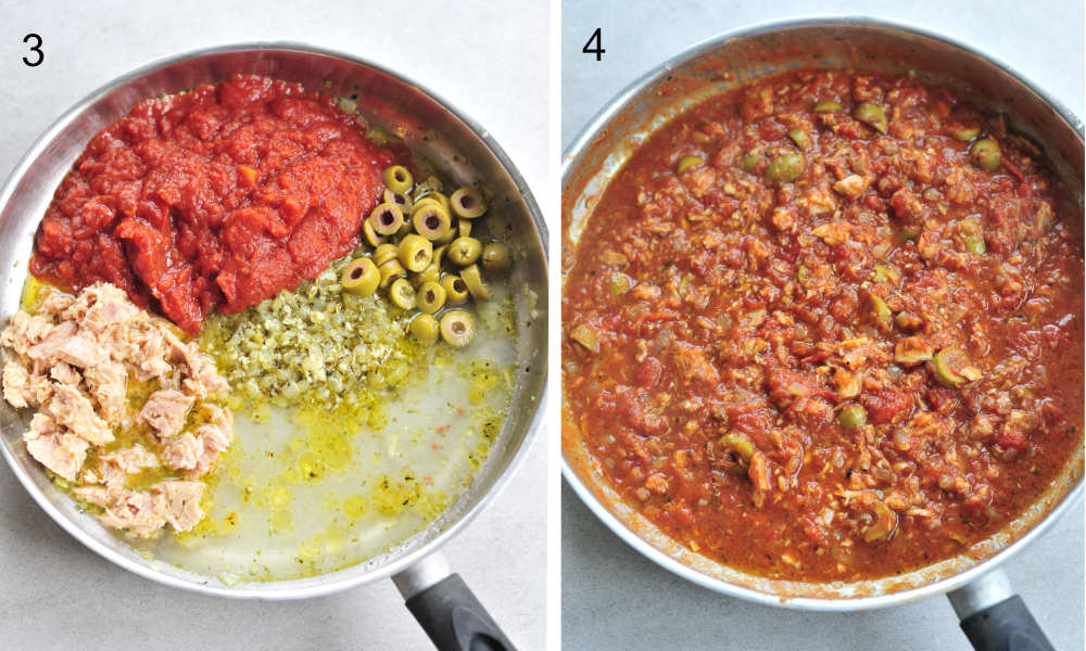 left picture: tuna, tomatoes, broth, olives, onions in a pan, right picture: tuna tomato sauce in a pan