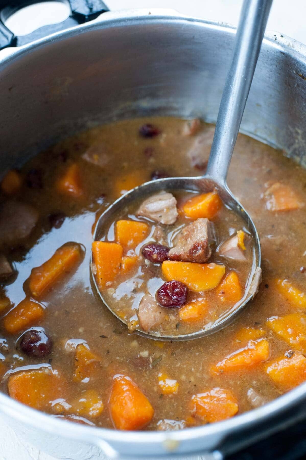 Turkey stew with sweet potato in a pot and on a soup laddle.