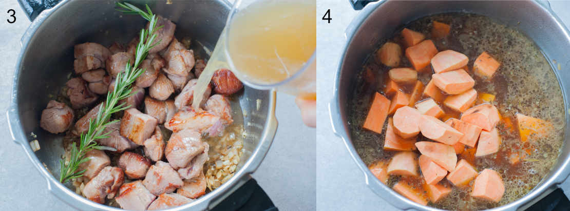 Broth and sweet potatoes are being added to the pot with turkey meat.