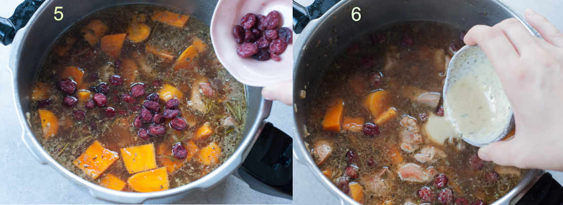 Cranberries and flour slurry are being added to the pot with turkey stew.