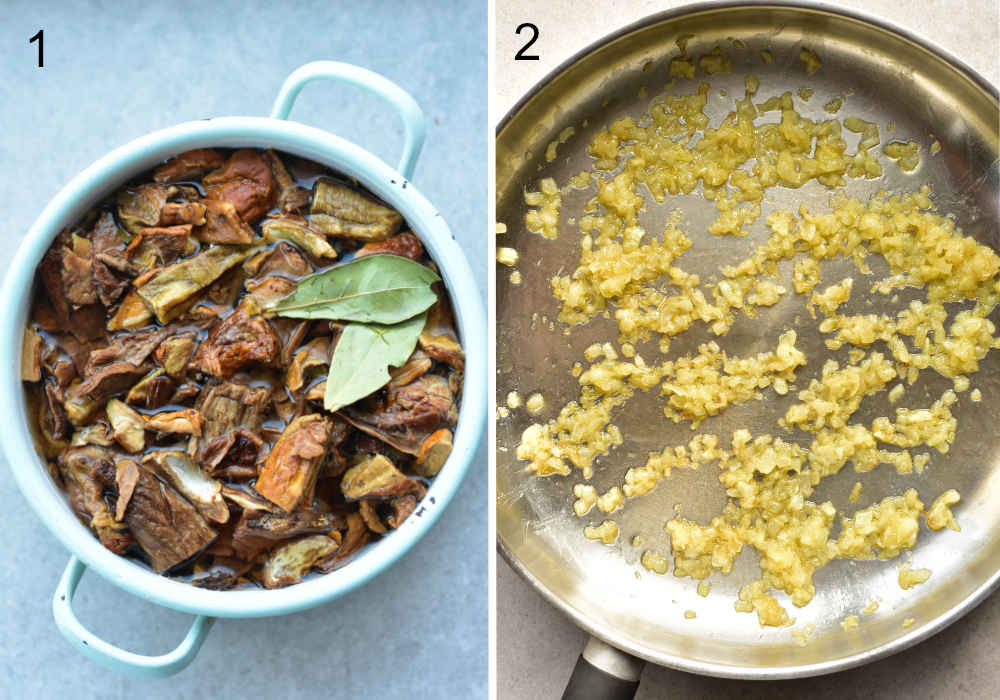 mushrooms are being soaked in water with spices, saueteed onion in a pan