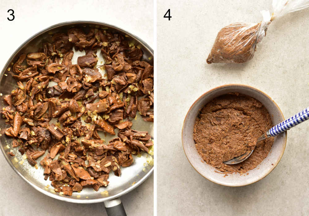 sauteed onions and mushrooms, mushroom filling in a bowl