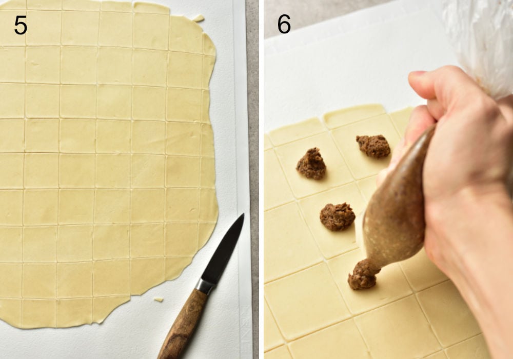 rolled out pierogi dough, filling is being applied onto the dough