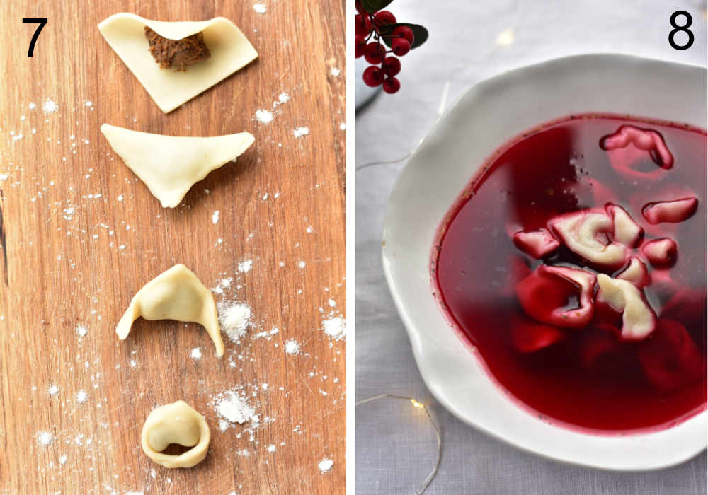 shaped uszka on a wooden board, Christmas Eve red borscht served with cooked uszka