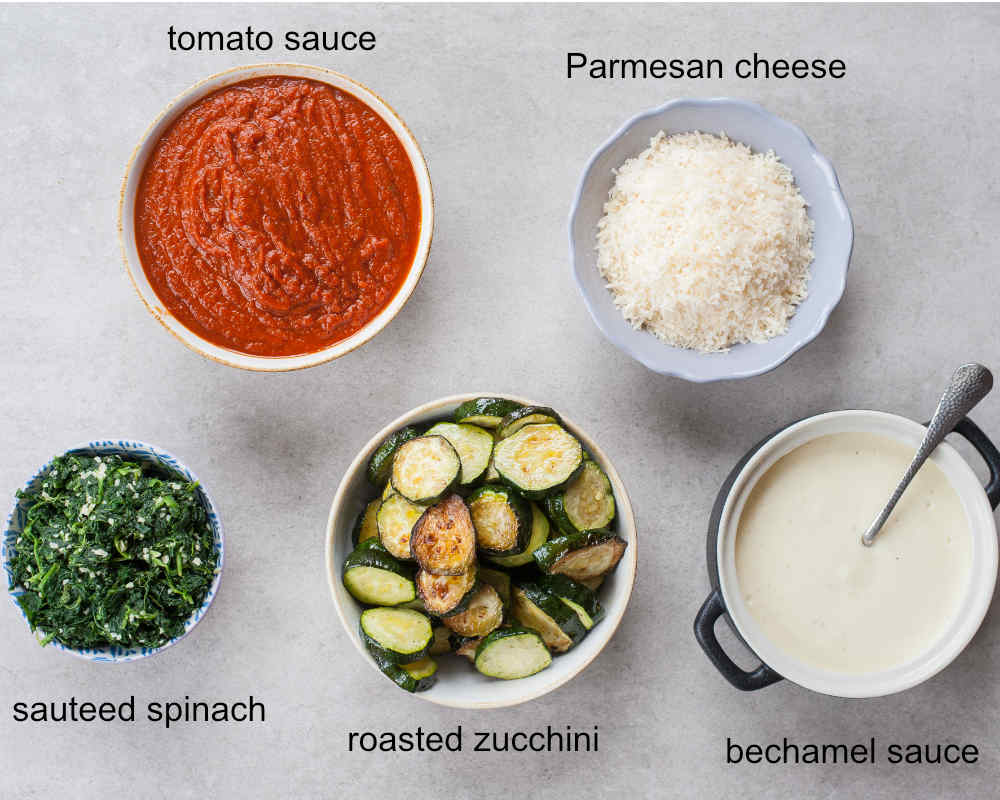 Labeled ingredients for zucchini spinach lasagna.