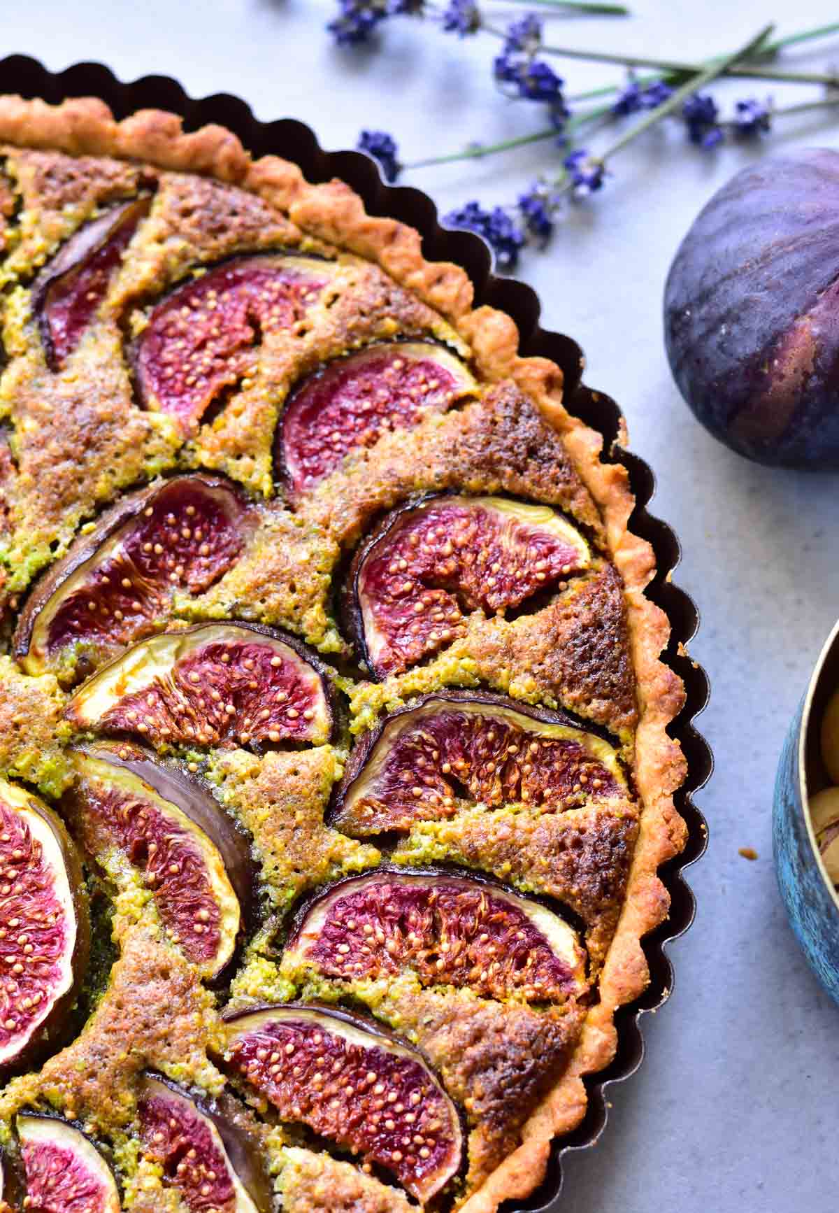 close up shot on fig frangipane tart