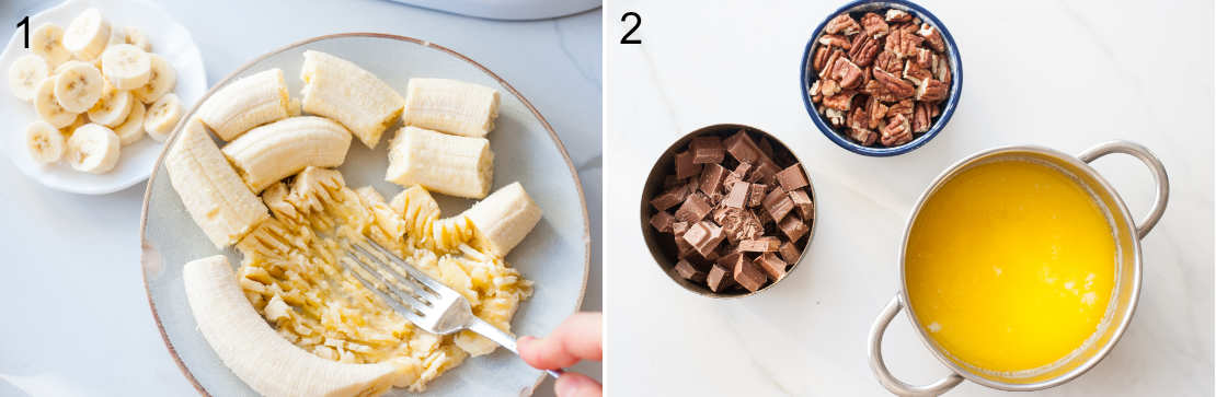 Bananas are being mashed on a blue plate. Chopped nuts, chocolate and melted butter on a table.