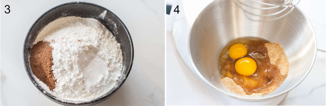 Flour and spices in a bowl. Eggs and sugar in a metal bowl.