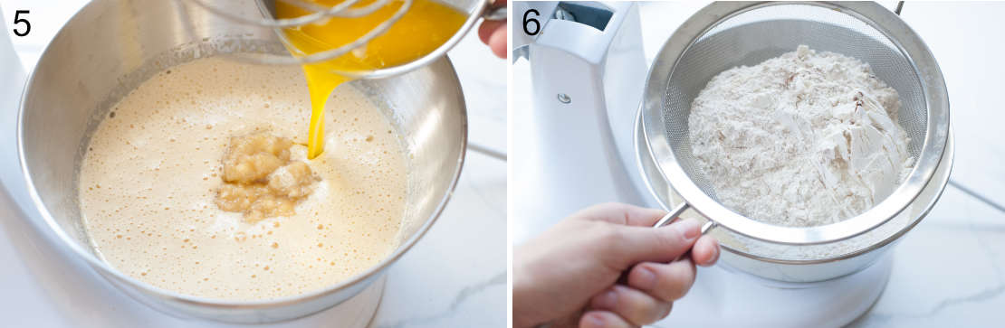 Melted butter is being added to banana bread batter. Flour is being added to the batter.