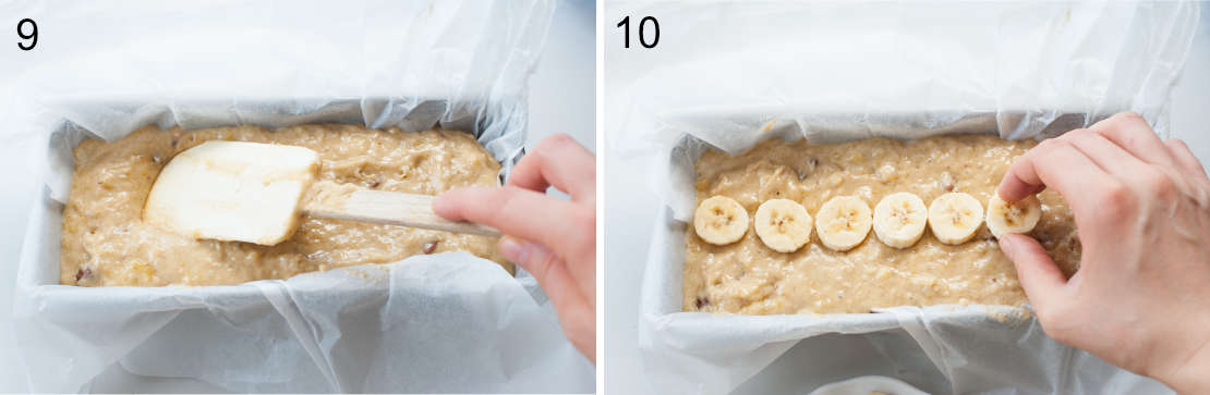 Banana bread batter in a loaf pan, slices of banana are being put on top of the batter.