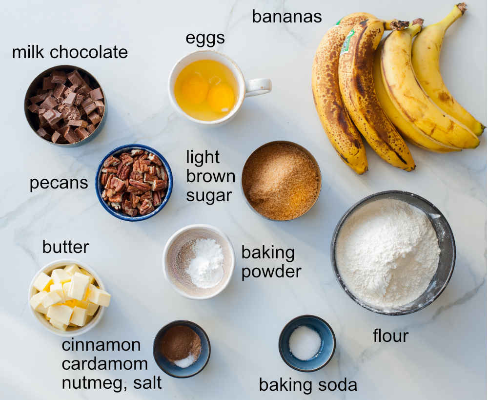 Labeled ingredients needed to prepare chocolate chip walnut banana bread.