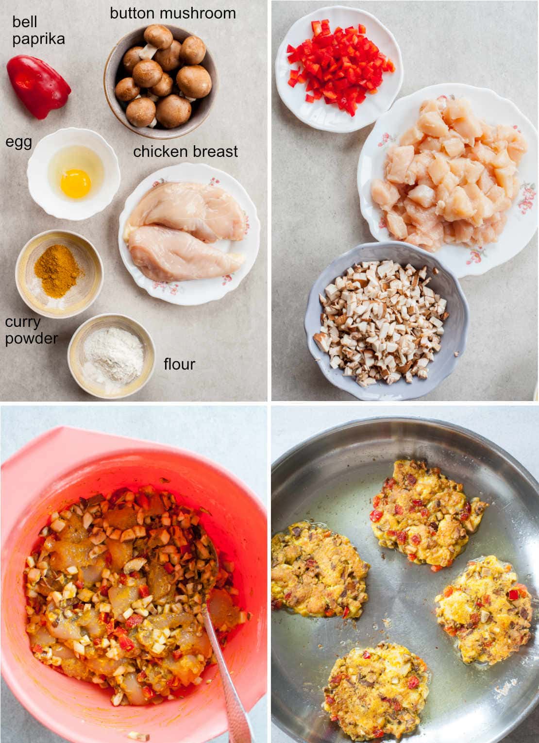 curried chicken fritters ingredients and a collage of preparation steps