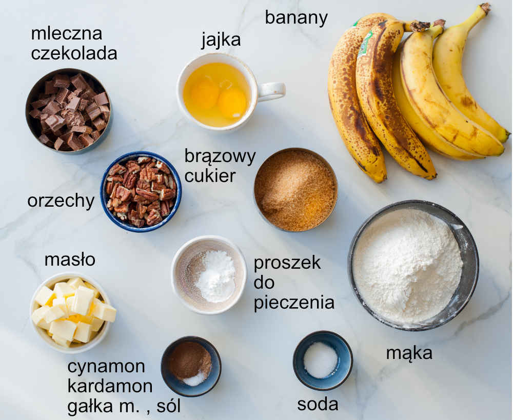 składniki na chlebek bananowy
