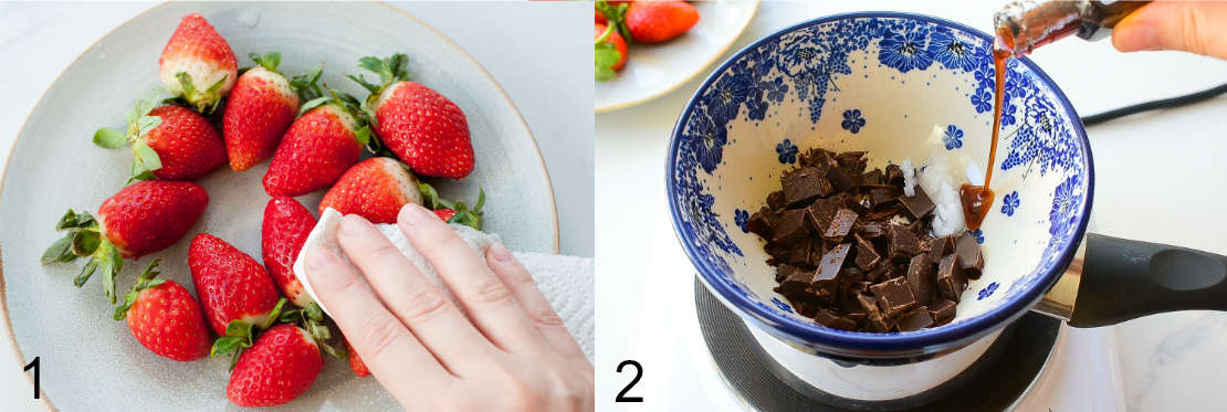 Strawberries are being patted dry with paper towels. Chopped chocolate in a bowl.