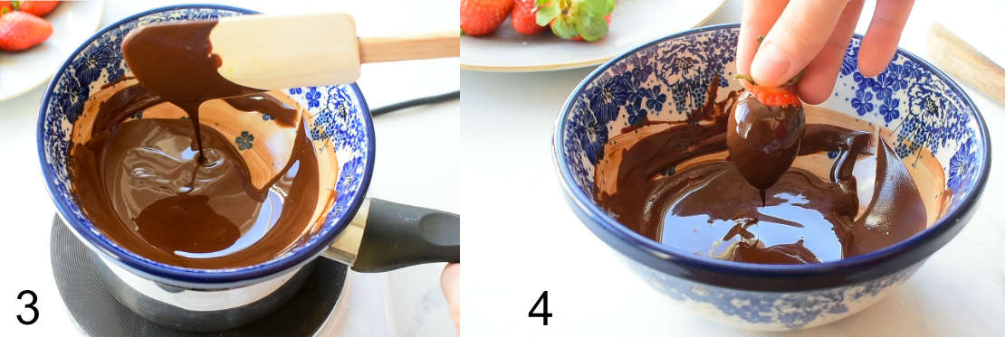 Melted chocolate in a blue bowl. A strawberry is being dipped in melted chocolate.