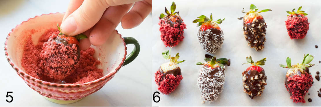 chocolate covered strawberry is being dipped in freeze dried strawberry powder